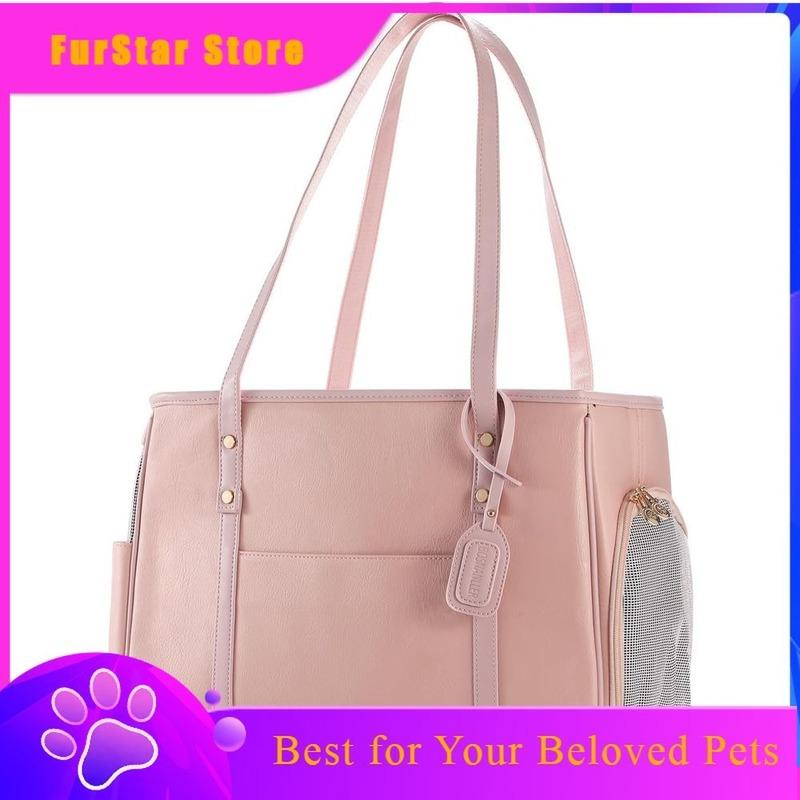 FurStarFashion Dog Carrier Purse, Premium Leather Cat Carrier Bag, Airline Approved Soft Sided Pet Travel Tote Bag With Pockets