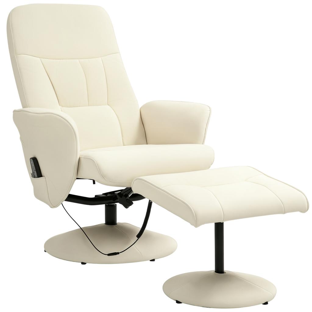 Massage Chair with Footstool, Ergonomic Chair with 10 Vibration Points, Faux Leather, 76 x 81 x 105 cm, Cream White
