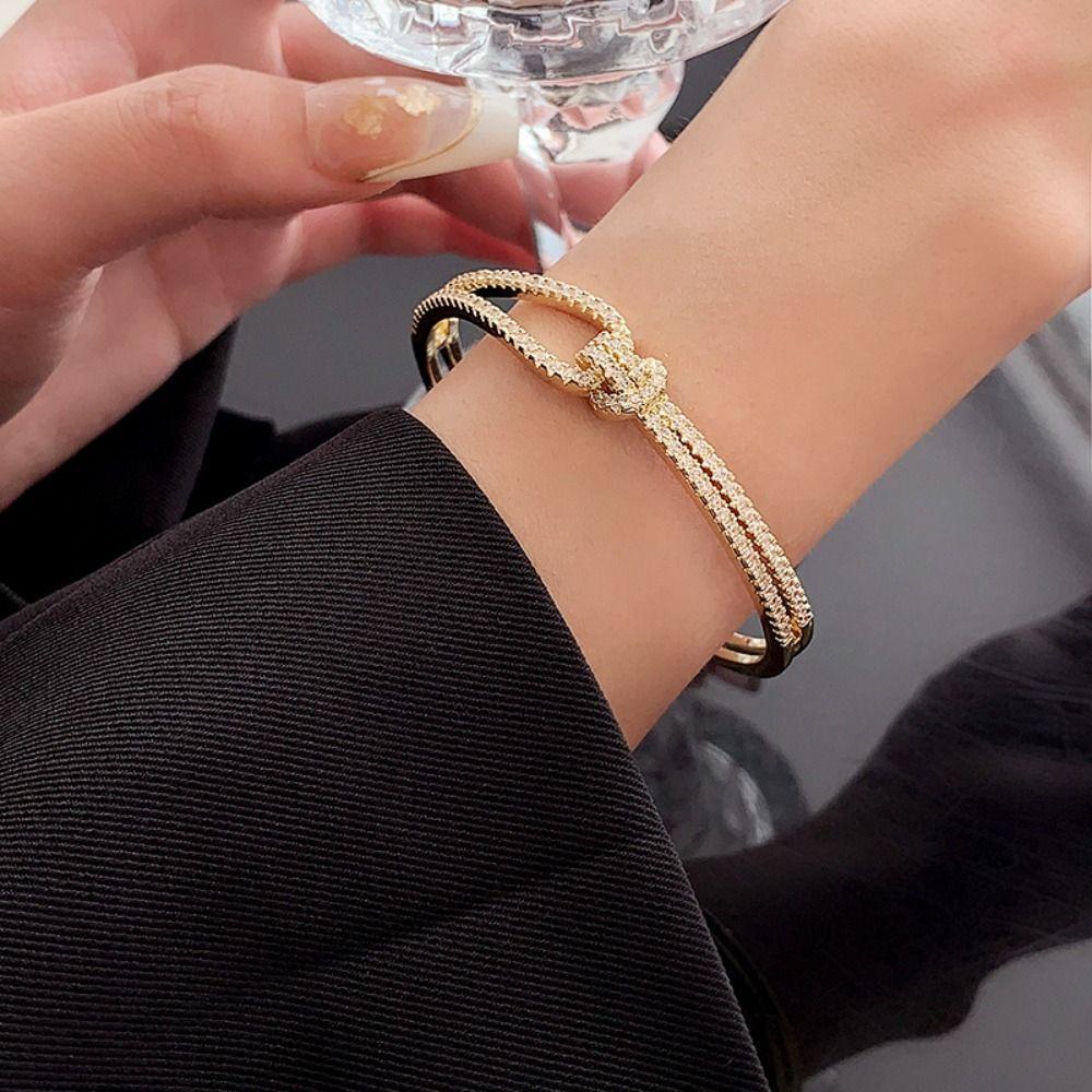 Crystal Knot Cuff Bangles Double Layer Rhinestone Bracelet Creative Exaggerated Bracelet  Party