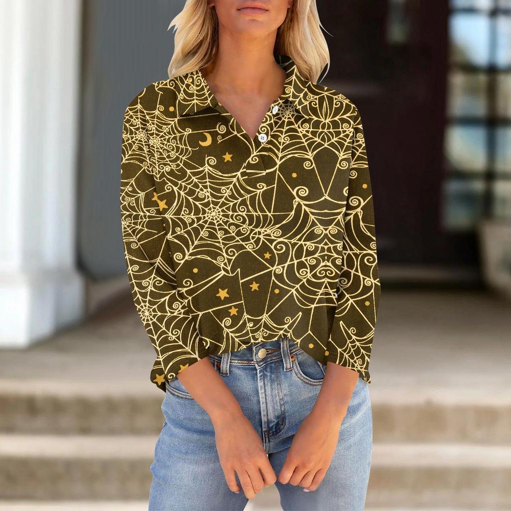 Women's Seven Quarter Sleeved T-shirt V-neck Button Up Shirt With Printed Loose Top For Halloween