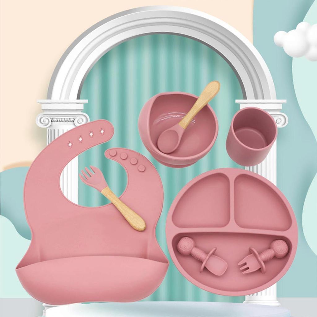 8 Pcs Baby Silicone Bibs Divided Dinner Plate Suction Bowl Spoon Fork Cup Set Deep Orange Red