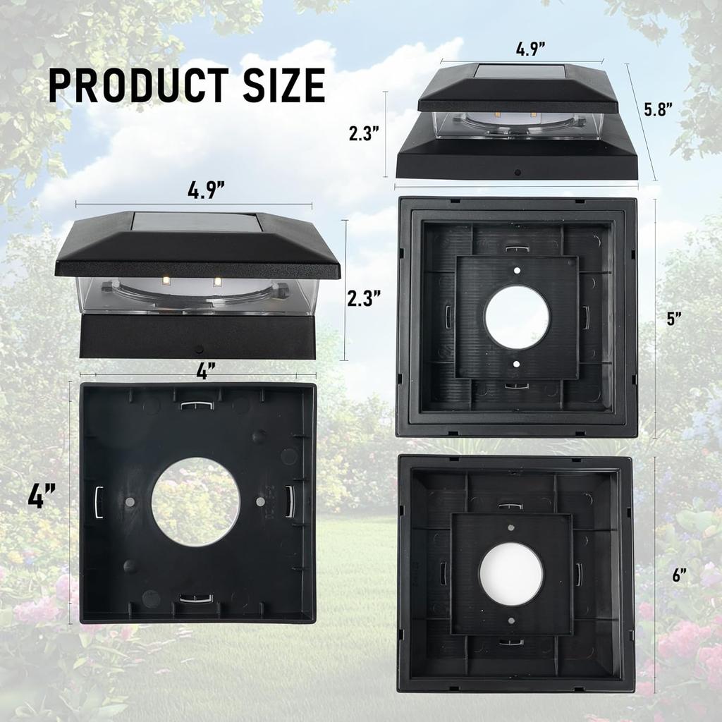 Waterproof outdoor solar pole cap light, suitable for solar deck fence pole lights on 4x4, 5x5, or 6x6 wooden poles