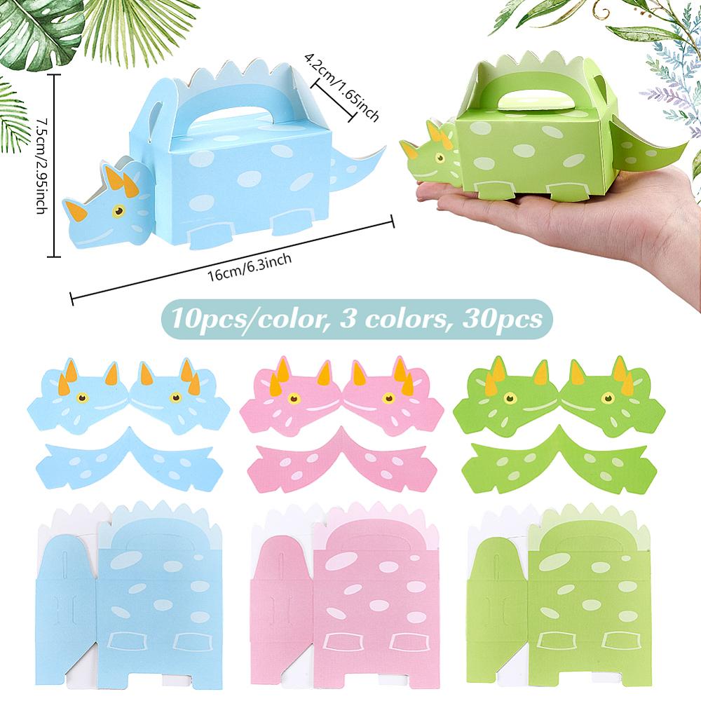 30Pcs 3 Colors Foldable Creative Paper Candy Totes Dinosaur Shape Decorative Gift Box for Weddings Mixed Color 16x4.2x7.5cm 10pcs/color