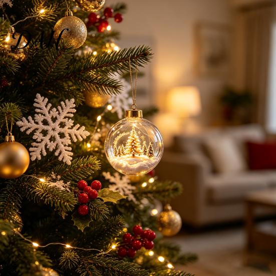 Transparent Hanging Xmas Decor Glowing Christmas Story Ornament, Light-Up Ball with Warm LED Light, Mini Holiday Display for Windowsills Scene