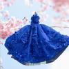 Luxury Blue Princess Dress for Dogs Handmade Lace Flower Bow Long Tail Coat High-End Fashion Pet Clothe for Small Medium Puppies