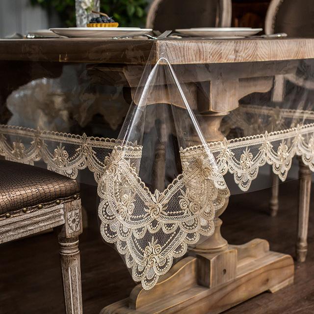 Waterproof Tablecloth Pvc Transparent Soft Golden Lace Embroidered Oil -Proof Table Cover Coffee Table Crystal Plate Table Cloth