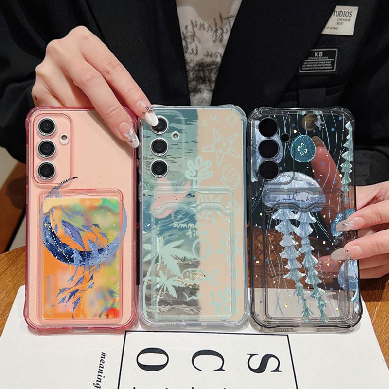 Чехол для телефона с узором медузы для Samsung Galaxy A57 A37 A17 A56 A16 A55 A36 A26 A15 A35 A54 A53 Прозрачный Чехол-Кошелек с Отделением для Карт Мягкий Чехол