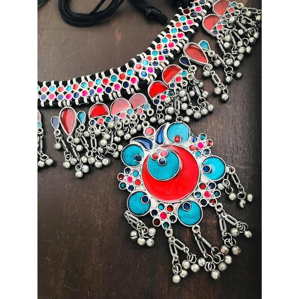 Антикварное серебряное оксидированное этническое тибетско-афганское богемное ювелирное колье-колье с большой подвеской с эмалью Минакари для женщин и девочек