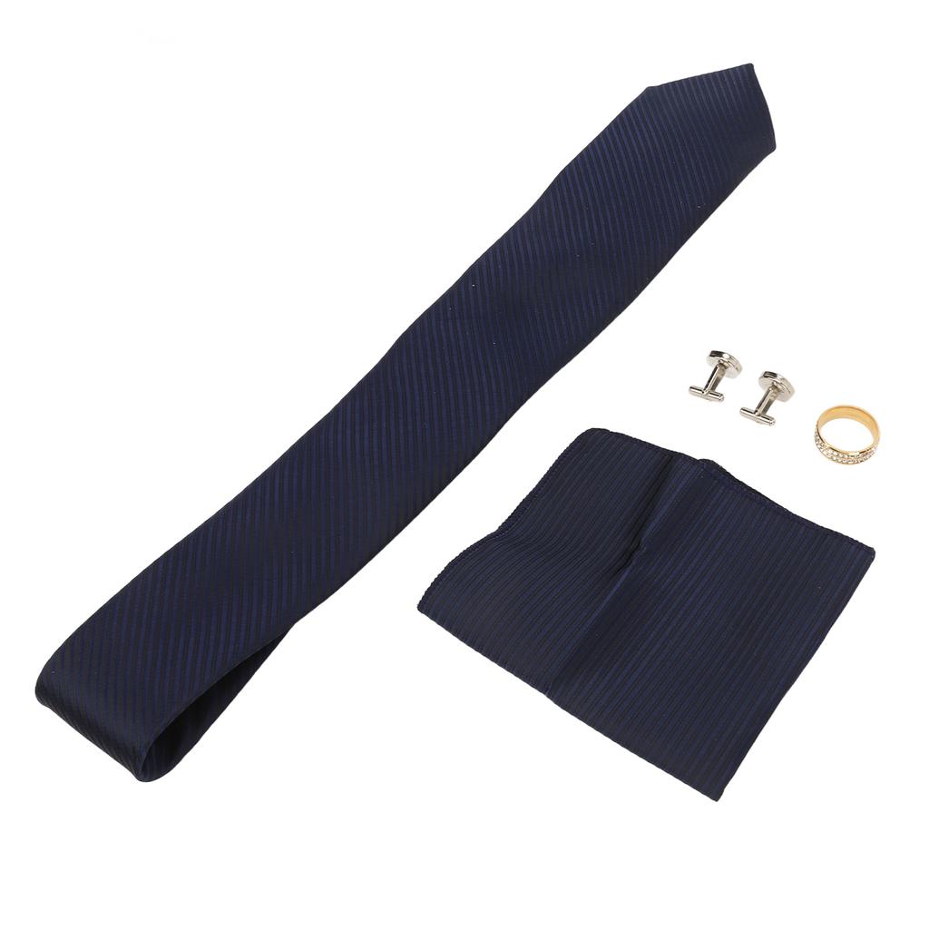 8cm Men Necktie Set Blue Gold Ring Stylish Comfortable Skin Friendly with Cufflinks Handkerchief