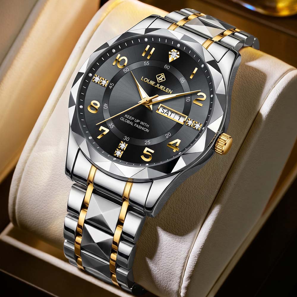 LOUIEJUELEN New Men's Business Quartz Watch with Luminous Hands Versatile Calendar Stainless Steel Strap Trendy Men's Watch Gift
