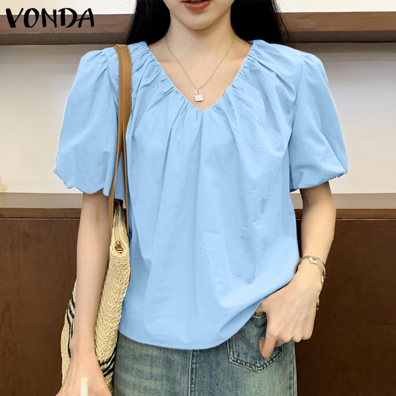 VONDA Women Summer V-Neck Puff Short Sleeve Blouses