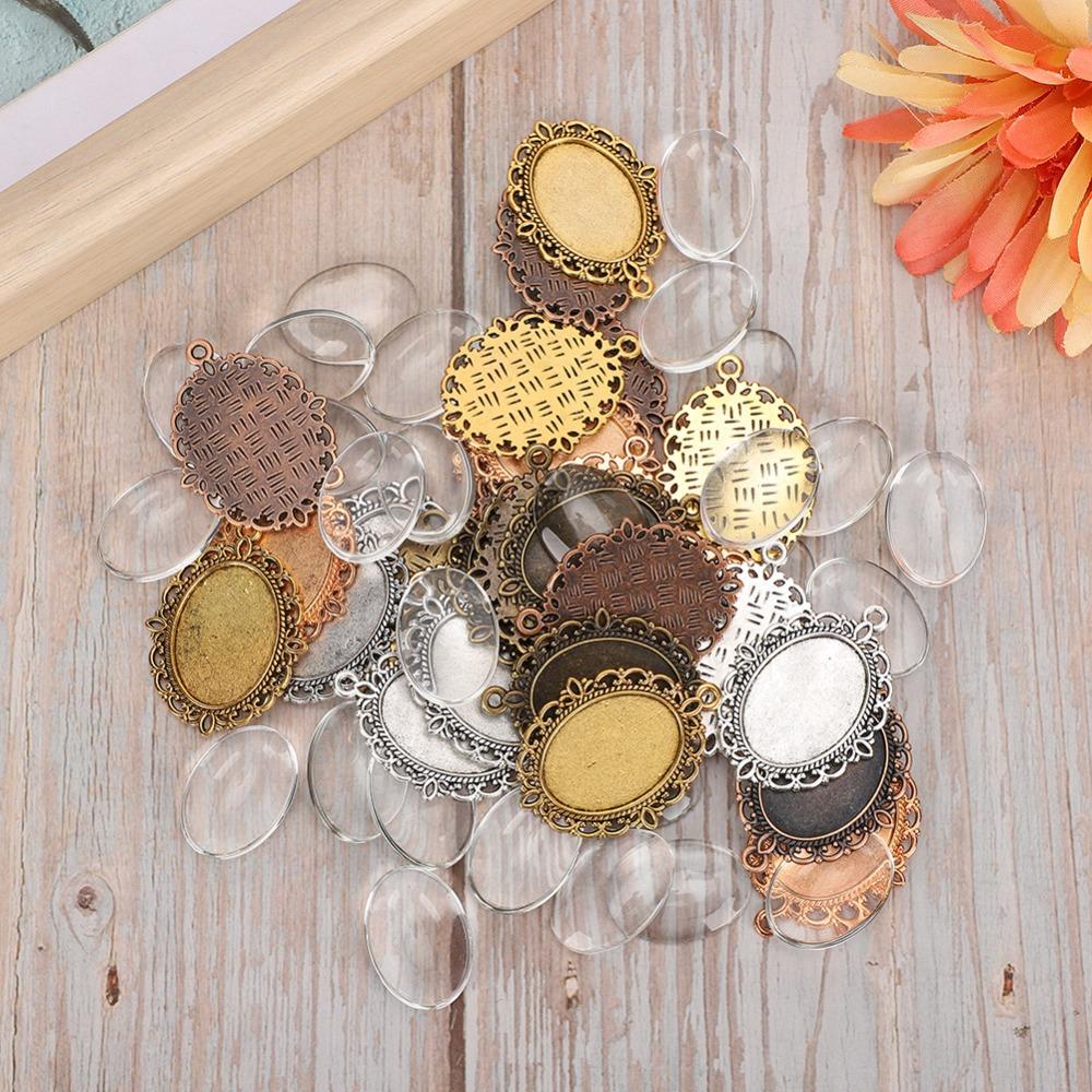 60Pcs 3.5 X 3cm Jewelry Making Bases Metal + Glass Cabochon Settings Handmade Accessories