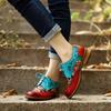 Spring Pumps Women Shoes Genuine Leather Mixed Colors Lace-up Retro Round Toe Casual Sewing Ladies Shoes
