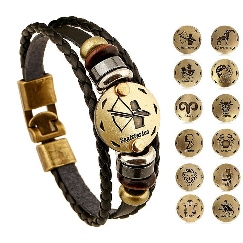 12 Constellations Multi Layers Leather Cuff Chain Bracelet Jewelry for Women Men Birthday ValentinesMakeup