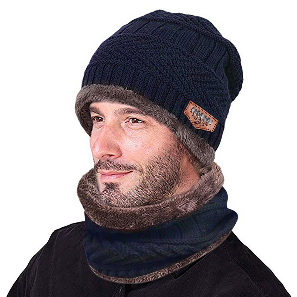 Men Warm Winter Thicken Hat And Scarf Two-Piece Knit Windproof Cap
