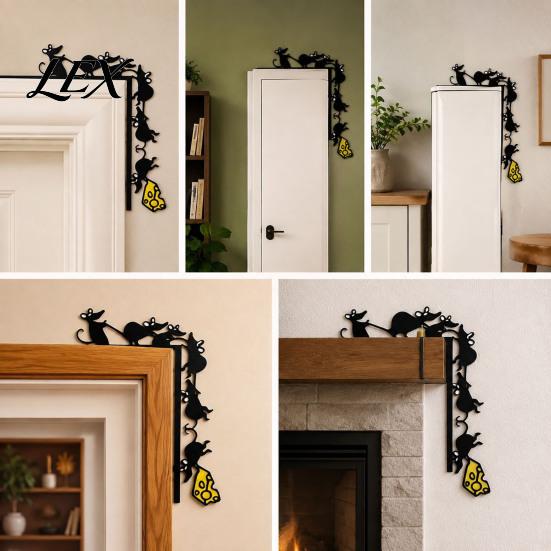 Christmas Door Topper Metal Mouse Topper, Funny 6 Mice And Cheese Slice Frame Decor, Holiday Decorative Accents Cute Rats Wall Art Corner Sign