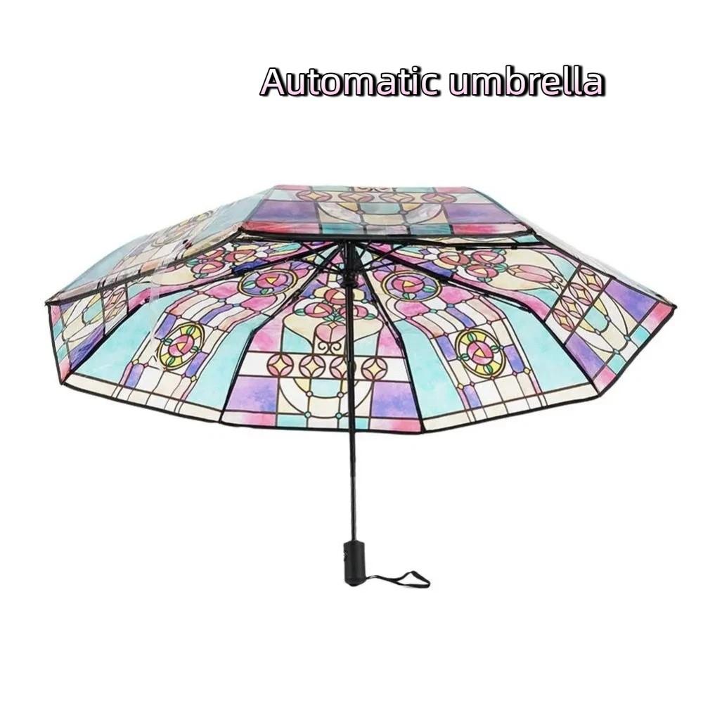 Hand-Painted Design Transparent Umbrella Stained Glass Print Automatic Umbrella  Rain Protection