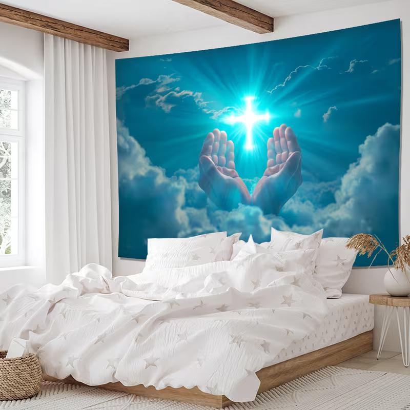 2D Christian Cross Photography Backdrop, Hands and Blue Sky Studio Background
