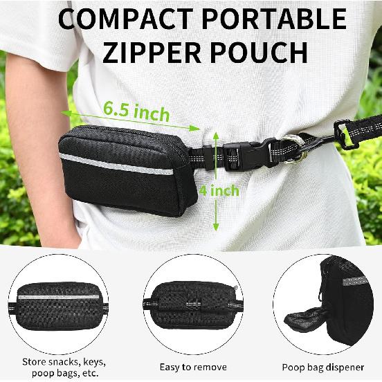 Hands Free Dog Leash with Zipper Pouch, Retractable Bungee Waist Leash with Dual Padded Handles & Waist Belt Fanny Pack for Medium & Large Dog