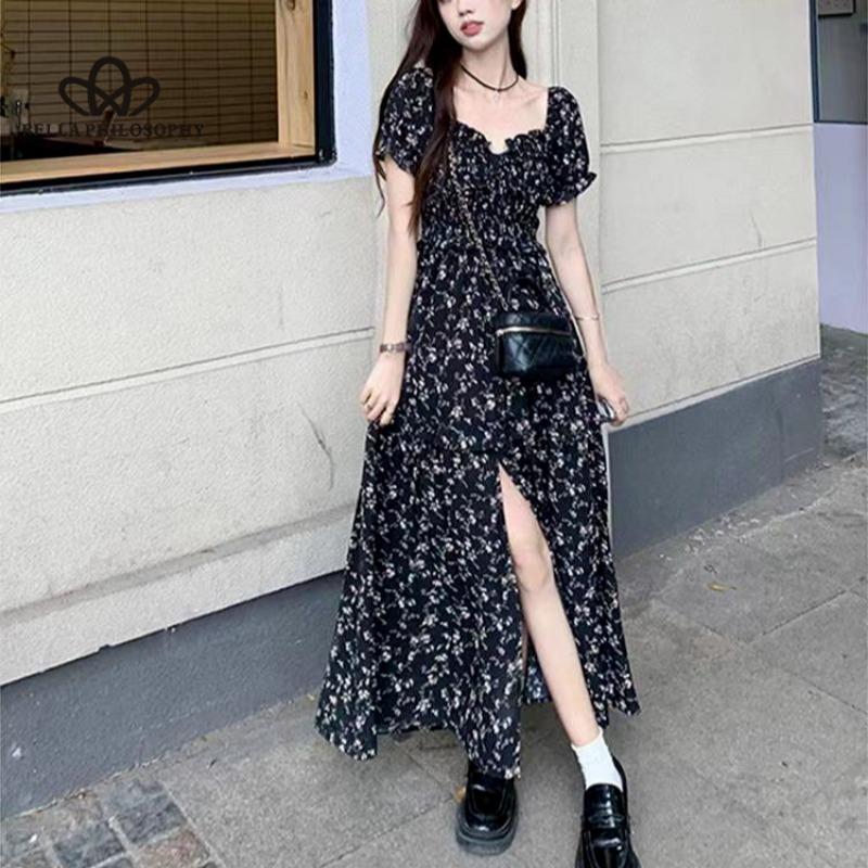 French Square Collar Floral Dress Women's Summer 2024 New Waist Mid-length Slit A-line Long Dress