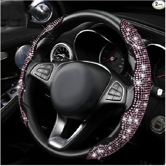 2 PCS Steering Wheel Cover, 15 Inches Crystal Diamond Bling Cover for Auto-Pink