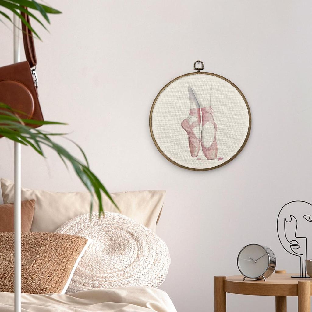 MAQIKA Coquette Ballerina Framed Wall Art Decor, Ballet Wall Art, Pink Ballet Shoes Round Wall Hanging Decor, Girly Dance Ballerina Canvas Prints
