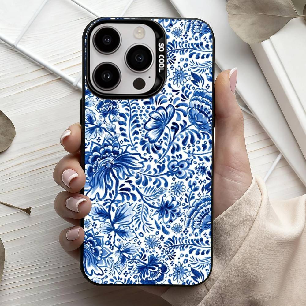 Сине-белый фарфоровый чехол для телефона iPhone17,16,15,14,13,12,11 Plus,Pro Max Черный Конфетный серебристый чехол для телефона
