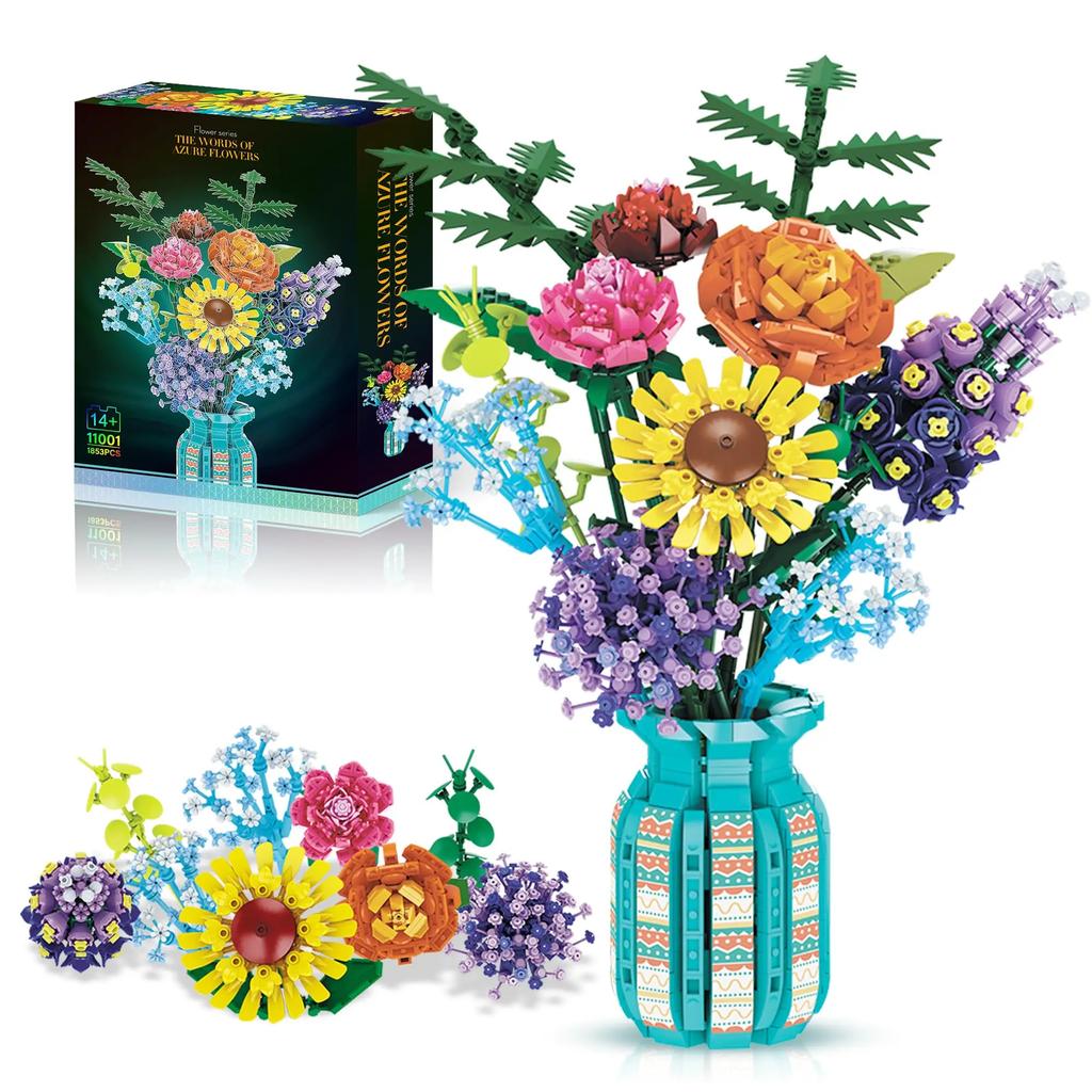 Non-Toxic 1009Pcs Sunflower Building Blocks Flower Bouquet Vase Model Bricks Set Idea Home Decoration Kids Educational Toys Holiday Gifts