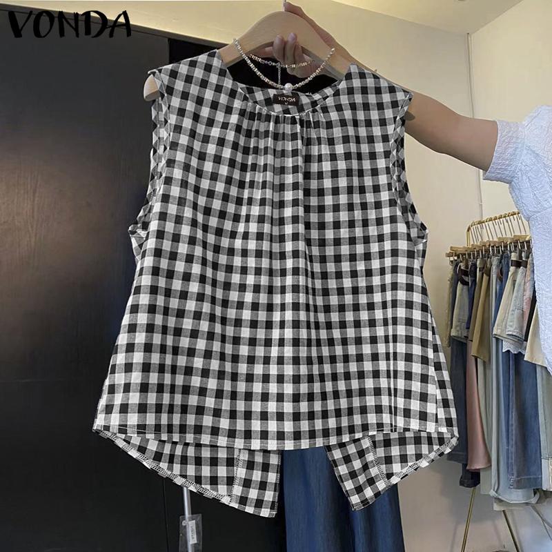 VONDA Летние женские безрукавки с клетчатым принтом нестандартные майки футболки