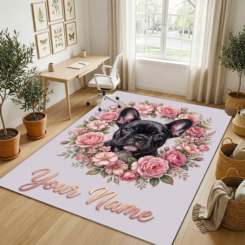 Dog Theme Crystal Velvet Rug Personalized Custom Name Text Soft Floor Mat Home Decor