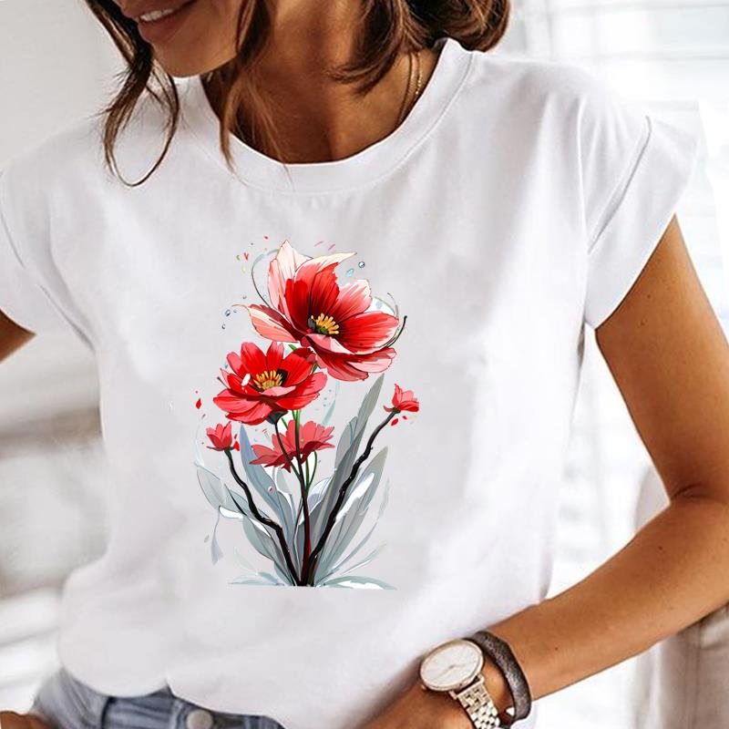 (Asian Size) Clothing Style Flower Trend Short Sleeve Print T Shirt Fashion Ladies Casual Women Tee Top Lady Female Graphic T-shirts