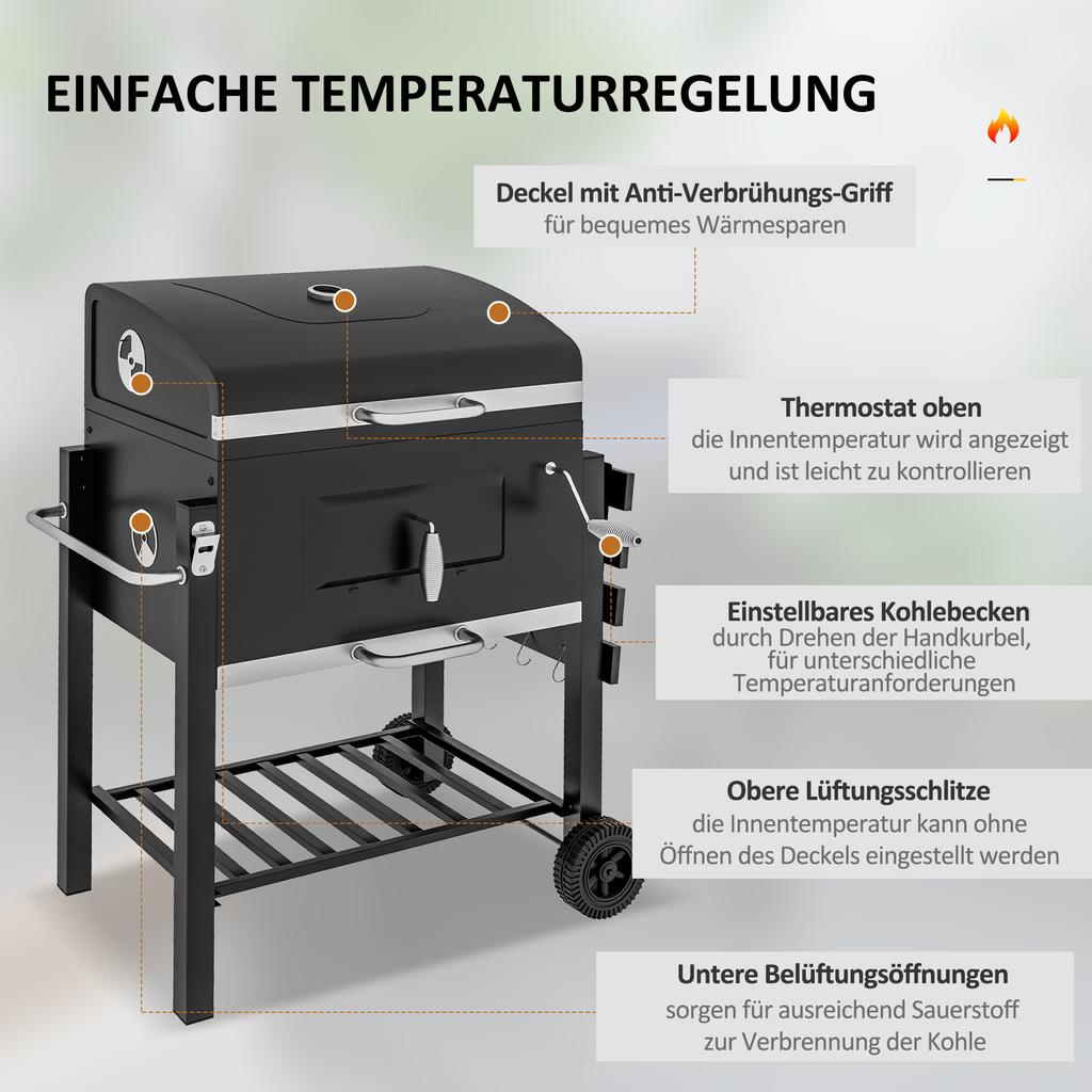 Charcoal Grill, with Height-Adjustable Coal Pan - Black
