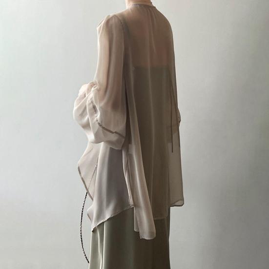 Женский летний шифоновый солнцезащитный кардиган с v-образным вырезом и длинными рукавами, шифоновый топ, прозрачное пальто с шалью на шнуровке и нерегулярным подолом