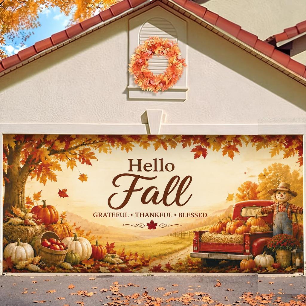 8 x 16 ft Hello Fall Garage Door Cover, Pumpkin Barn Banner Decor