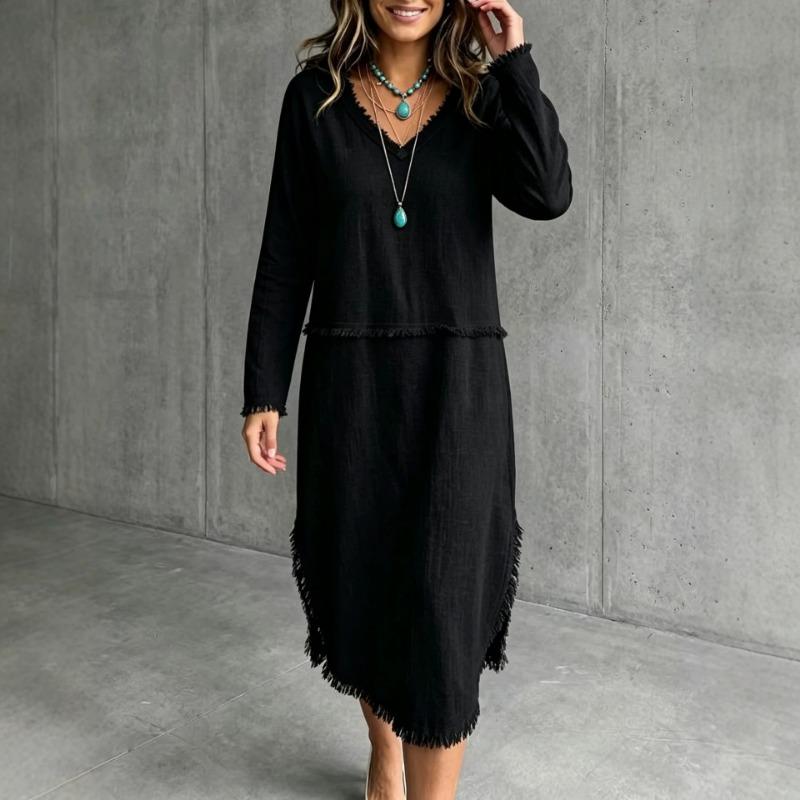 Women S Solid Color V Neck Long Sleeve Loose Casual Dress With Frayed Edge