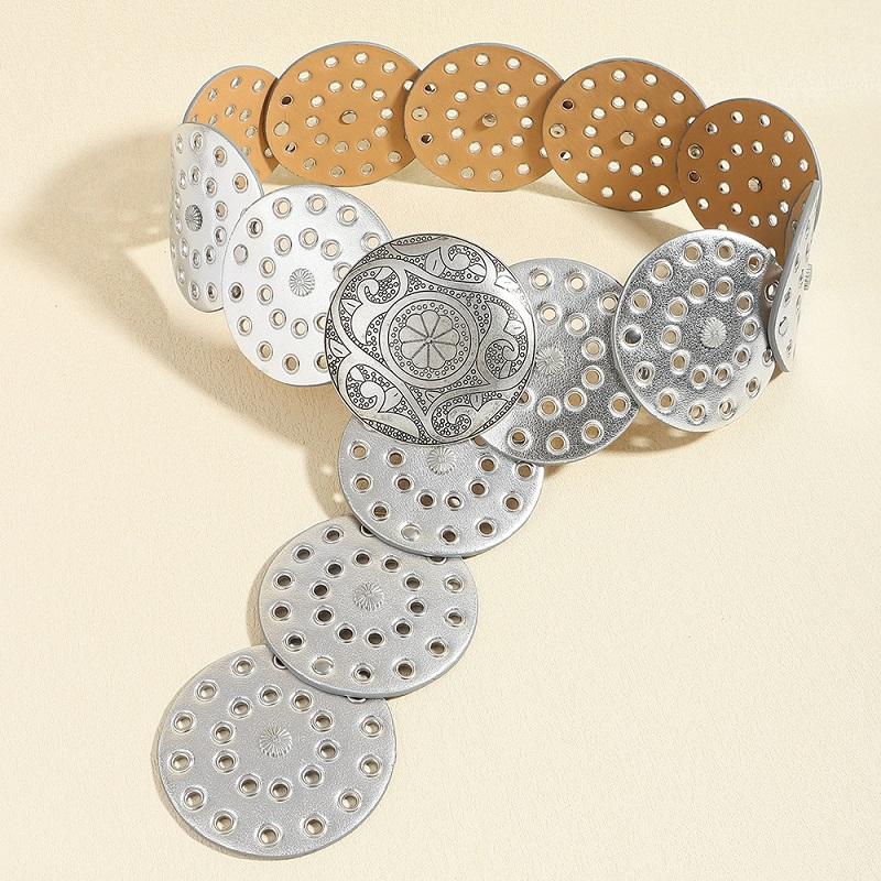 Women's Western Denim Belt High Quality Metal Hollow Ladies Trend Wide Waistband Vintage Personalized Round Belts DT148