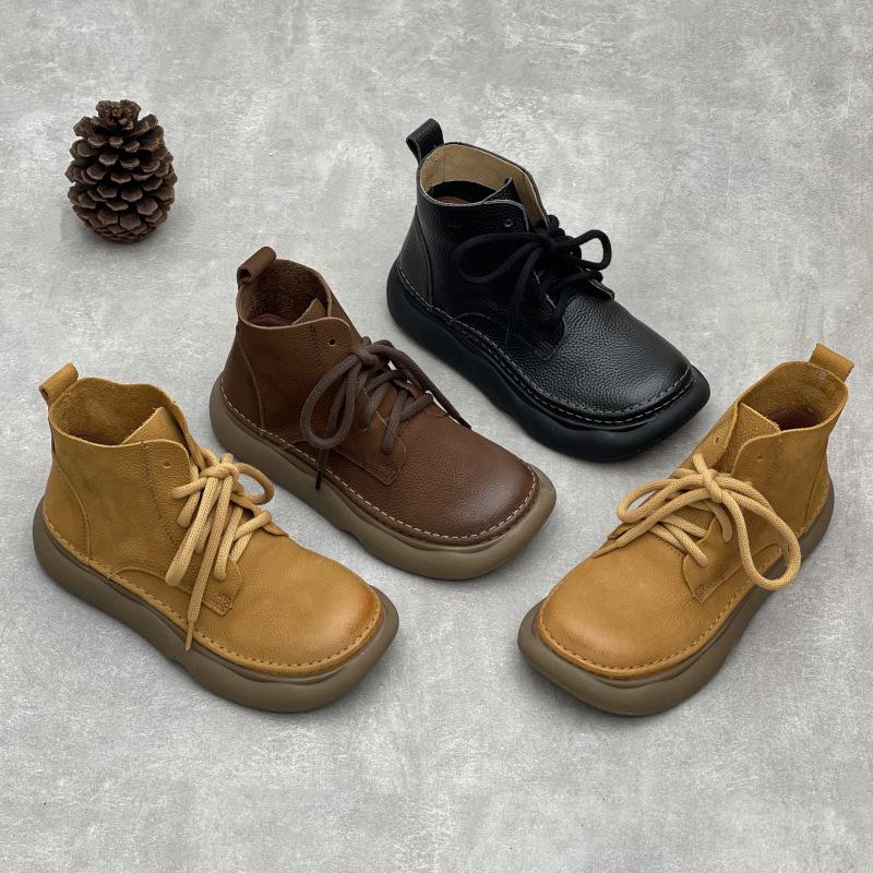 Johnature Ретро-ботинки из натуральной кожи, короткие, с широким носком, со шнуровкой, из коровьей кожи, с мягкой подошвой, женские ботинки