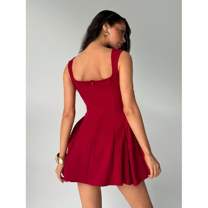 Модные однотонные вечерние мини-платья-комбинации с квадратным вырезом и открытой спиной, новинка 2025 года, элегантное клубное короткое плиссированное платье с высокой талией