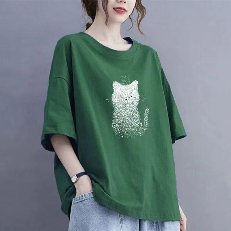 Short Sleeved T-shirt for Slimming and Concealing Summer Casual Print Versatile Round Neck Loose Top Summer Top Half-sleeve