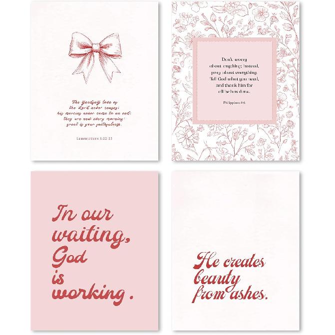 FGFK Girly Pink Christian Wall Art Prints Set of 4, Lamentations 3:23 Psalm 16:11 Psalm 27:1 Bible Verse Preppy Posters Pictures Wall Decor for Girls