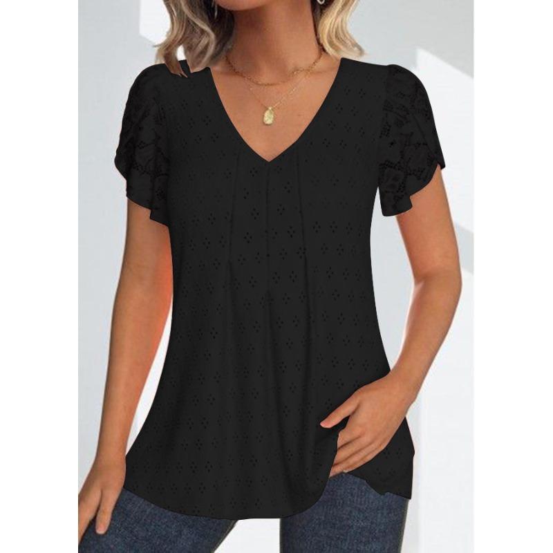 Летняя однотонная кружевная повседневная футболка с v-образным вырезом и коротким рукавом для женщин