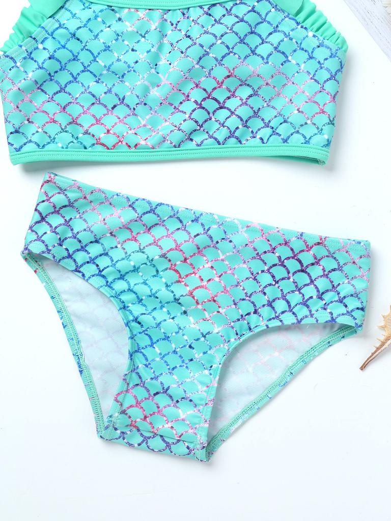 Kids Girls 2PCS Tankini Ruffled Shoulder Straps Printed Crop Top with Bottoms Hawaii Set Bikini Swimwear