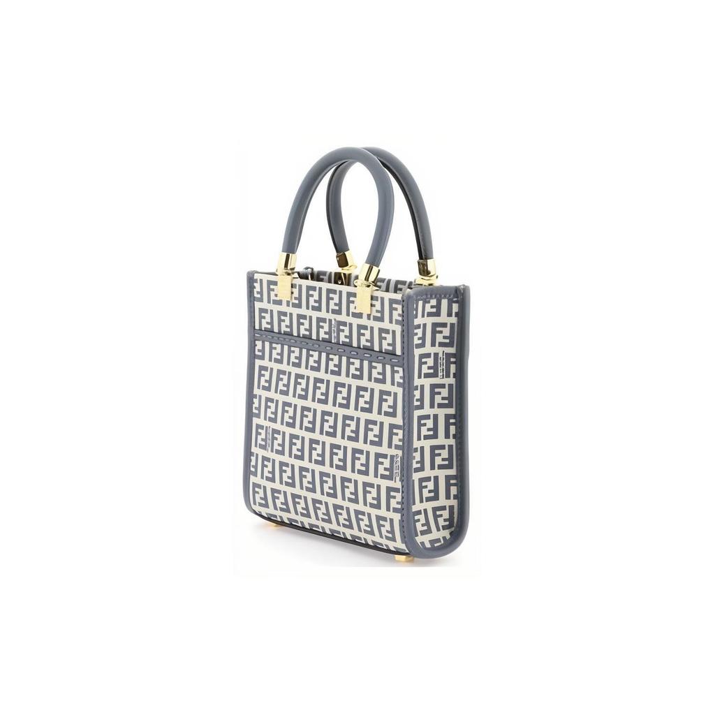 Fendi Logo Open Closure Leather And Canvas Mixed Small Calfskin Shoulder Crossbody Tote Bag Women handbags Blue 8BS092ARBNF1NPH