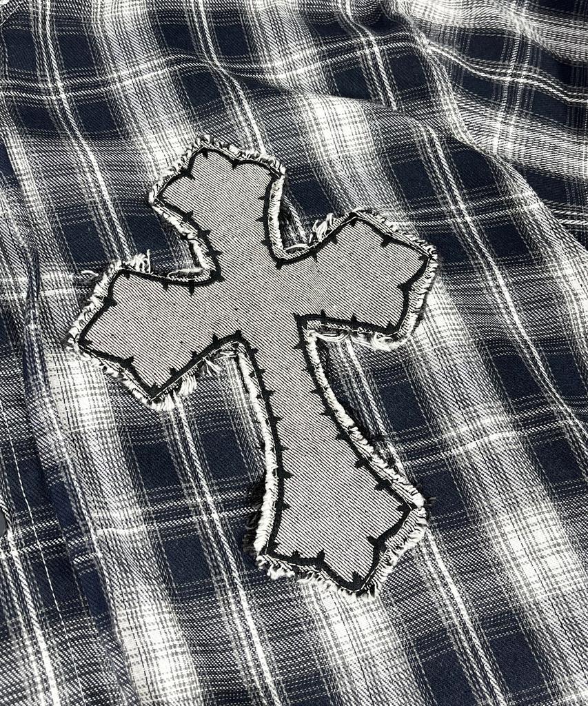 SK8ER ROCK Cross Cut-Off Tartan Check Hoodie Shirt ((Navy))