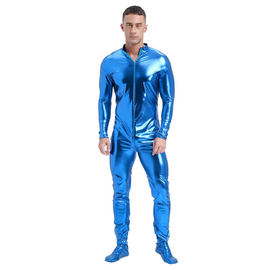 Mens Metallic Zentai Jumpsuit Full Body Tight Mock Neck Long Sleeve Club Performance Costume
