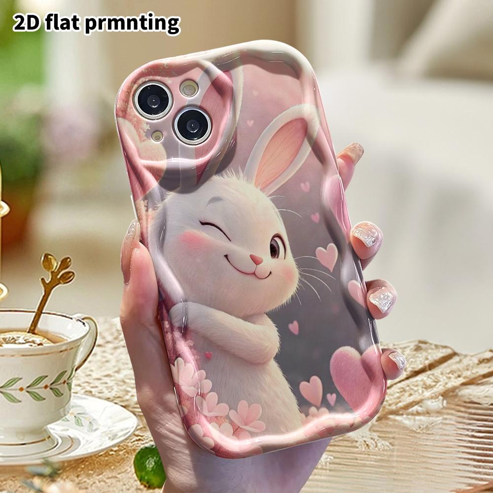 Phone Case: 2D flat design suitable for iPhone 18 17 16 15 14 13 Pro protective case, cherry blossom winking white rabbit, perfect Christmas and Hallo