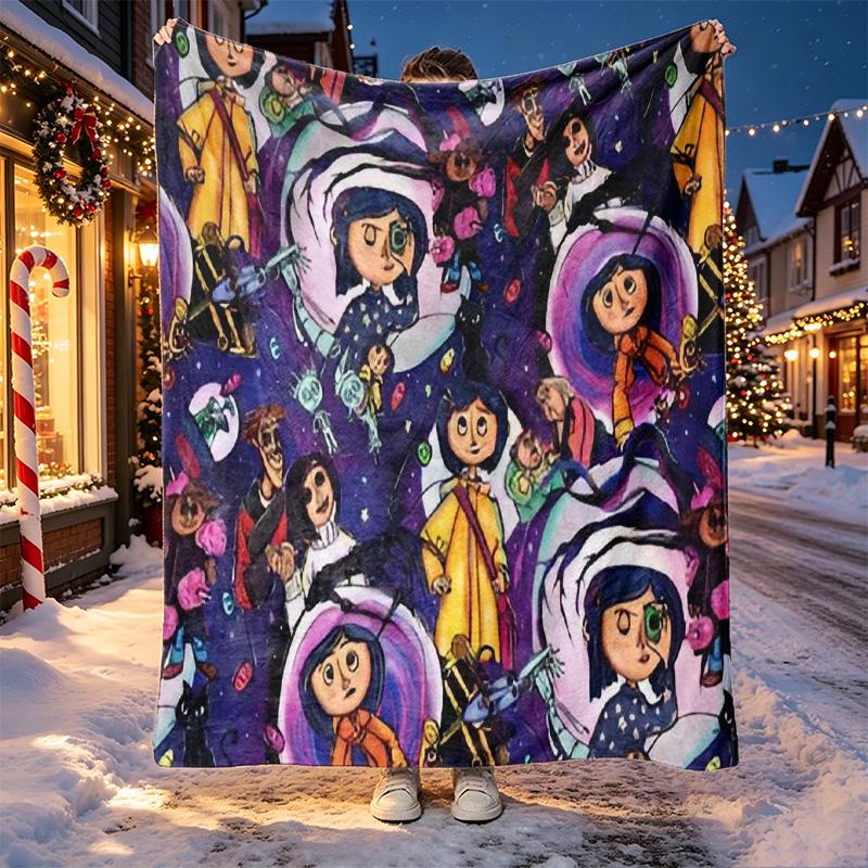 Coraline Pattern Blanket for Home Decoration, Bed, Sofa, Car Travel, Camping, Suitable for All Seasons, Birthday Christmas Gift