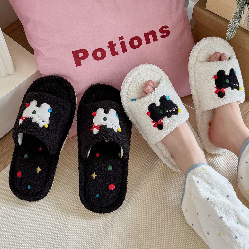 Women's Furry Open-Toe Cotton Slippers - Cute Cartoon Design for Autumn & Winter