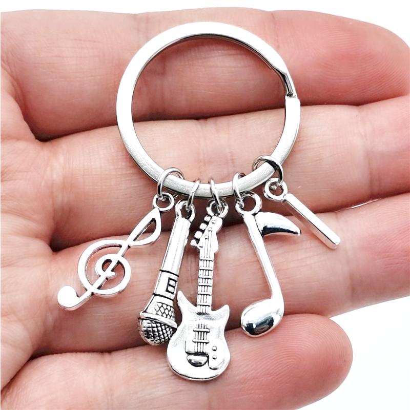 26 Letters Music Keychain Music Note Guitar Pendant Key Chain Microphone Keyring Creative Jewelry Gifts