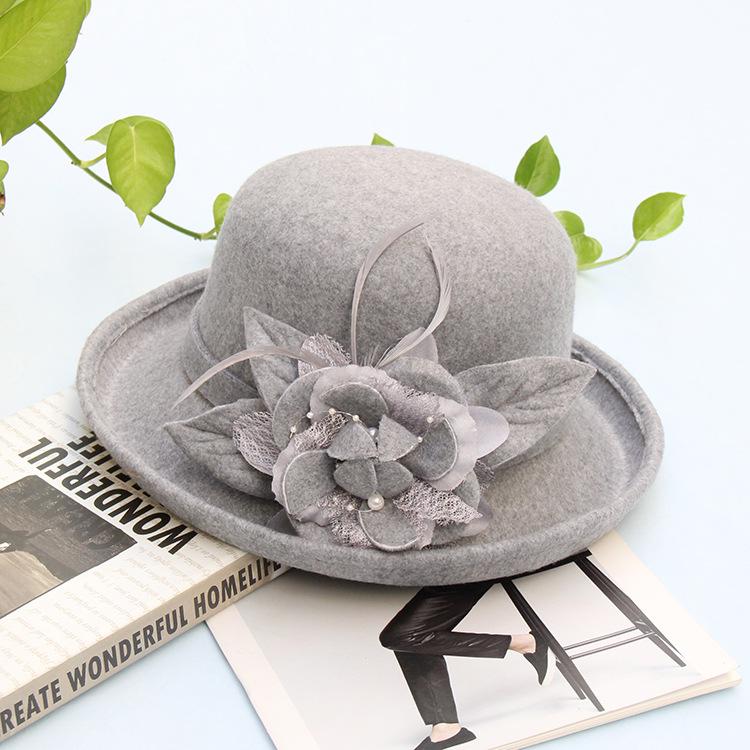 Autumn and winter three-dimensional feather flower woolen hat women's elegant basin hat bucket hat crimped fashion hat